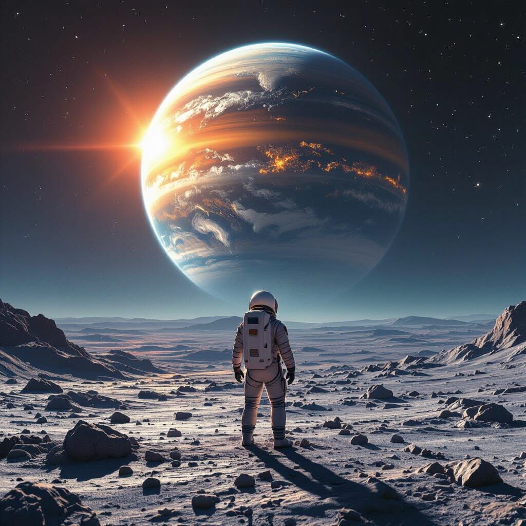 Astronaut Gazes at Earth-Like Planet on Alien Moon