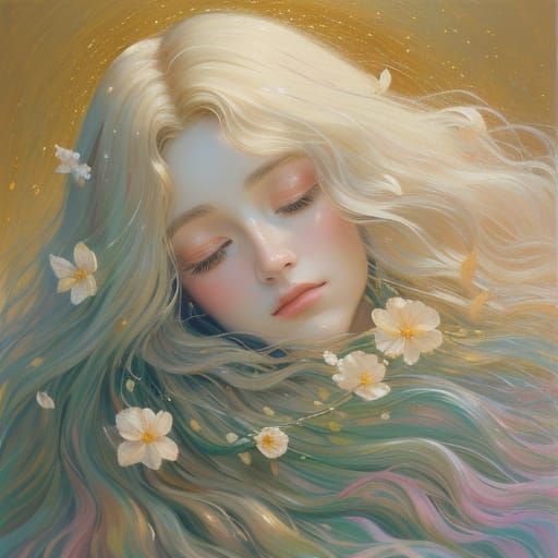 Ethereal Woman Merging with Flowers in Impasto Oil Style