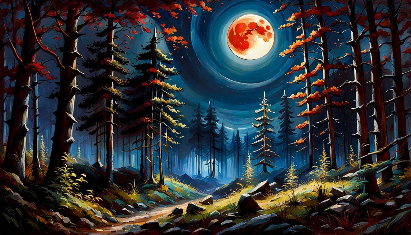 Sinister Forest at Night Under Blood Moon