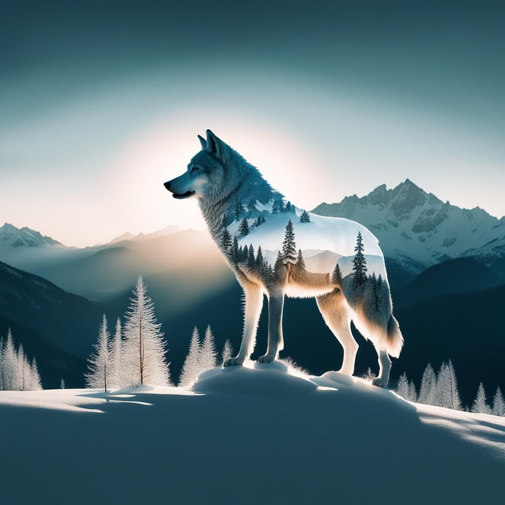 Snow Wolf Double Exposure Dawn Mountain Scene