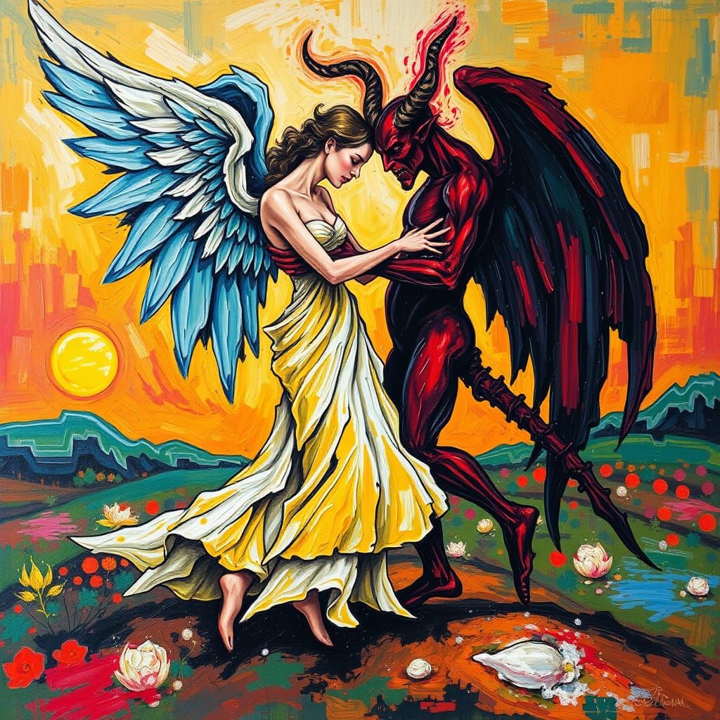 Angel and Demon Dance in Impasto Landscape