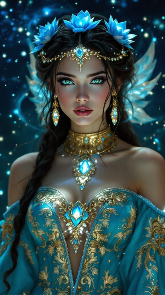 Celestial Princess Portrait With Luminous Green Eyes