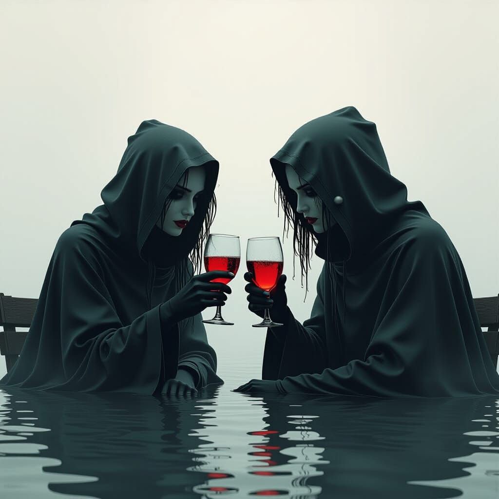 Figures Clinking Glasses in Ethereal Digital Art