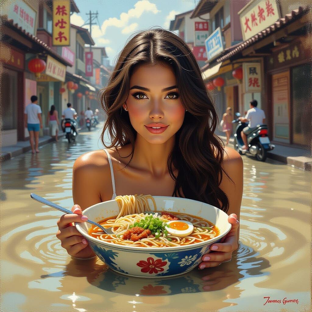 Brunette Emerging from Ramen Bowl, Oil Painting