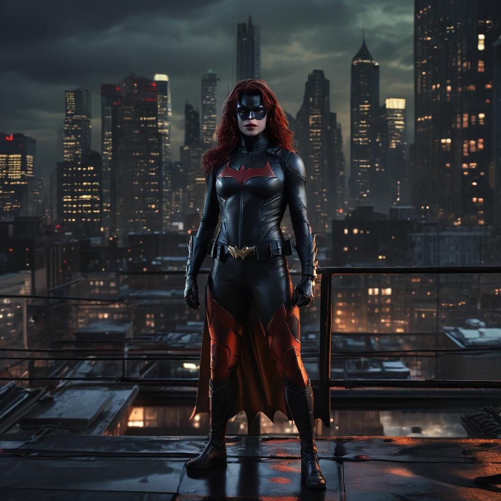 Batwoman on Gotham Rooftop in Digital Art Style