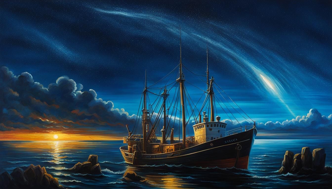 Fishing Trawler at Sea: Chalk Art Masterpiece