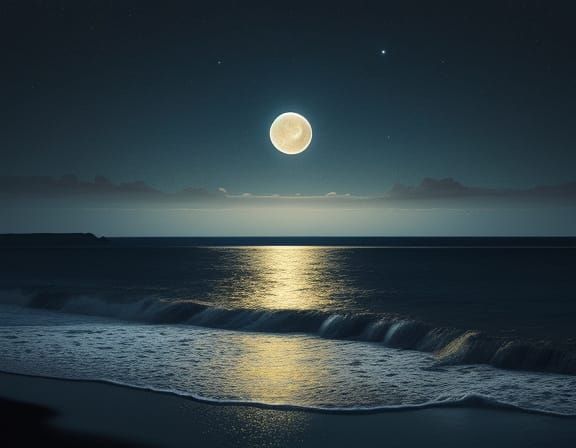 Golden Moon Over Dark Ocean in Painterly Style