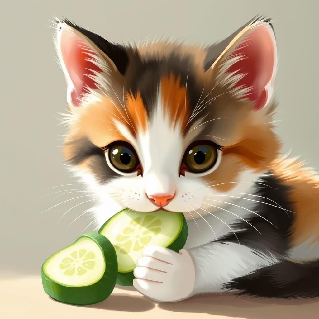 Calico Kitten Eats Cucumber in Children's Book Style