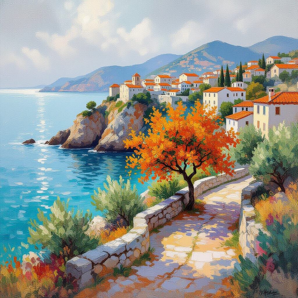 Impressionist Seascape Village with Orange Tree