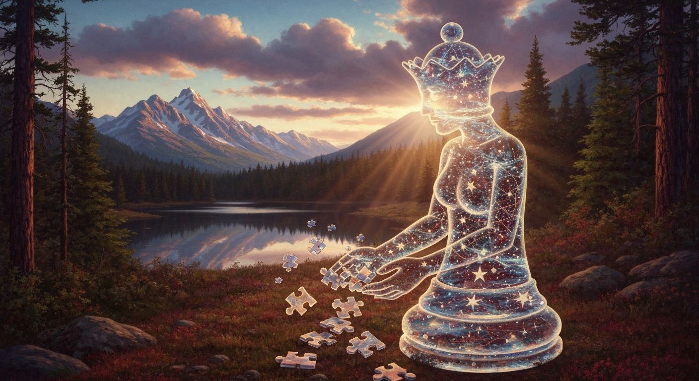 Water-Filled Chess Queen Gathers Puzzle Pieces in Serene Lan...
