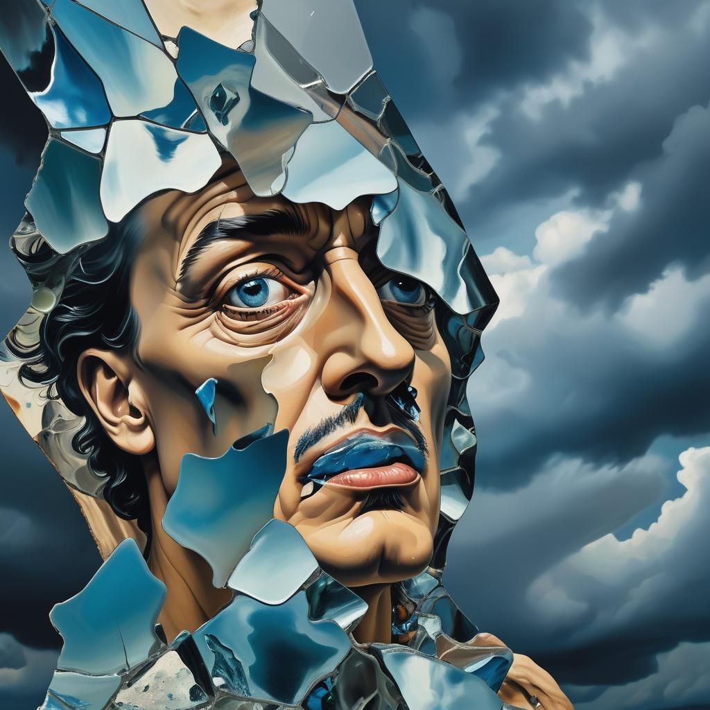Surreal Fractured Figure in Stormy Dreamscape