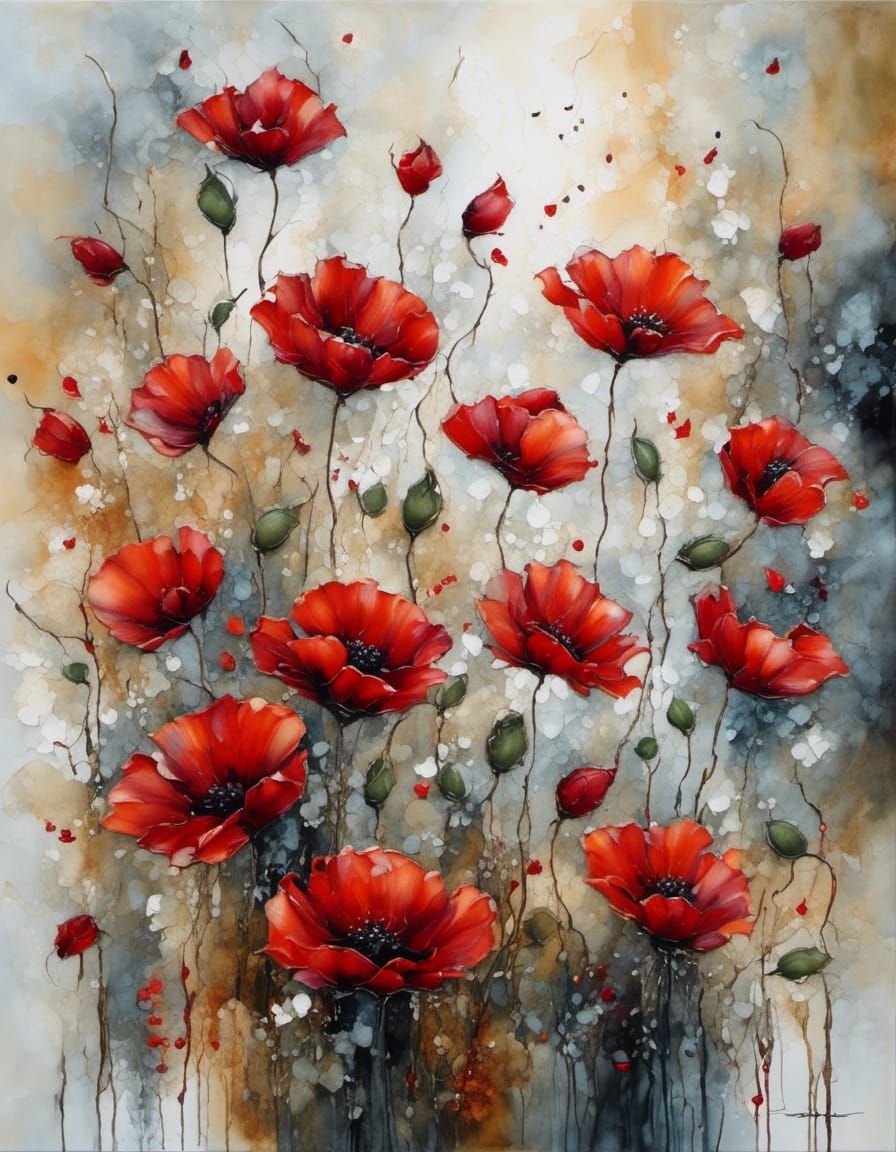 abstract oil painting, white background, Red poppies compose...