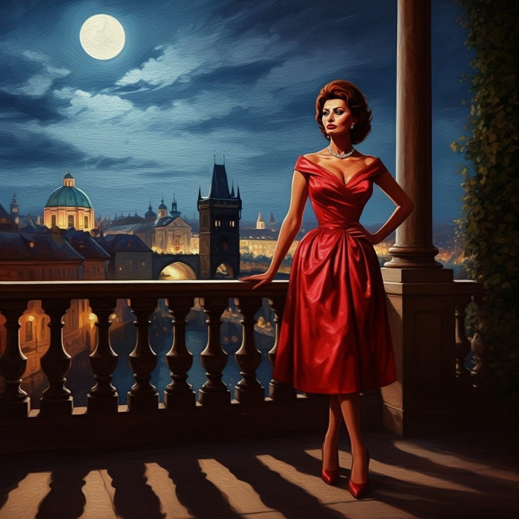 Elegant Woman on Balcony as Oil Painting