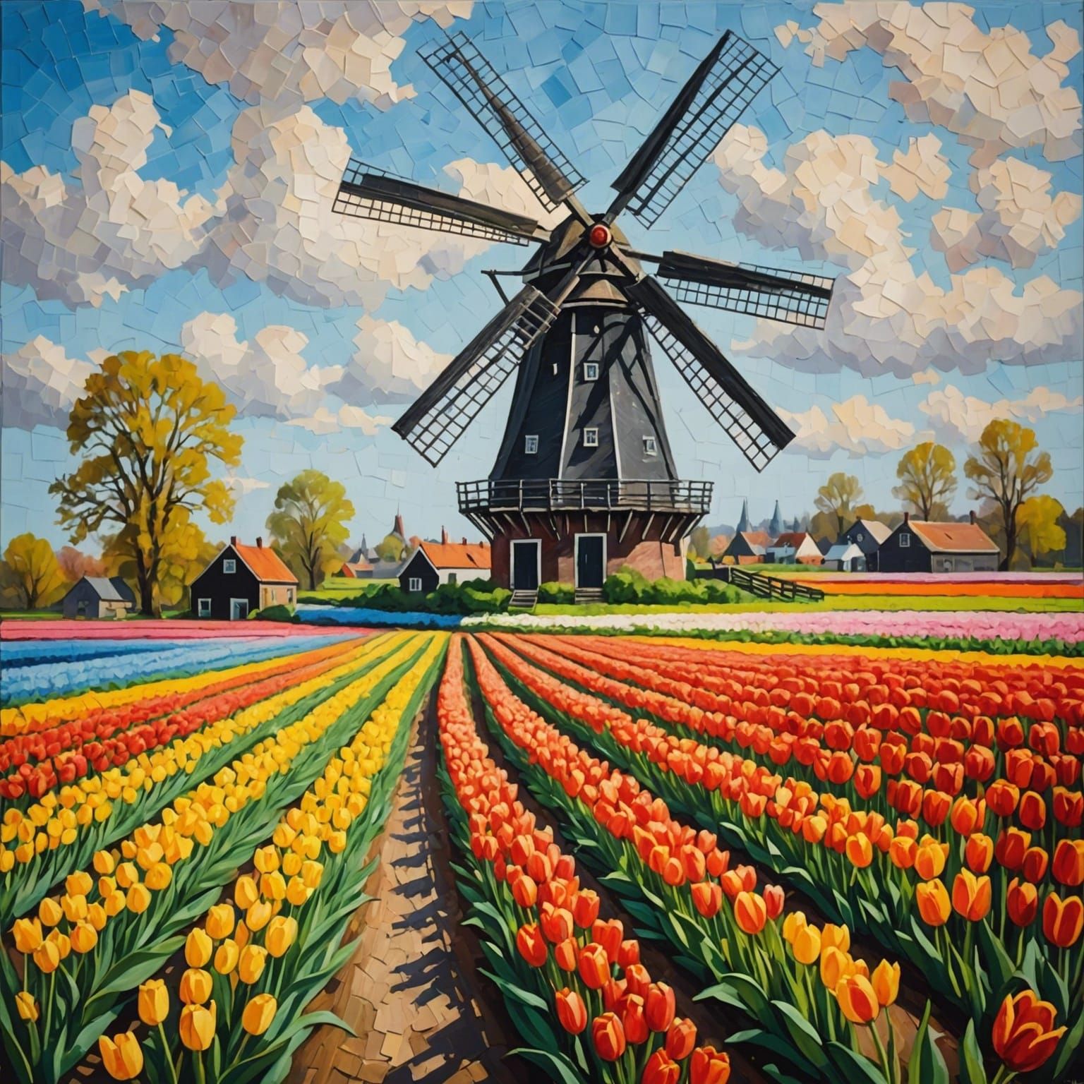 Dutch Windmill in Tulip Field: Impasto Painting
