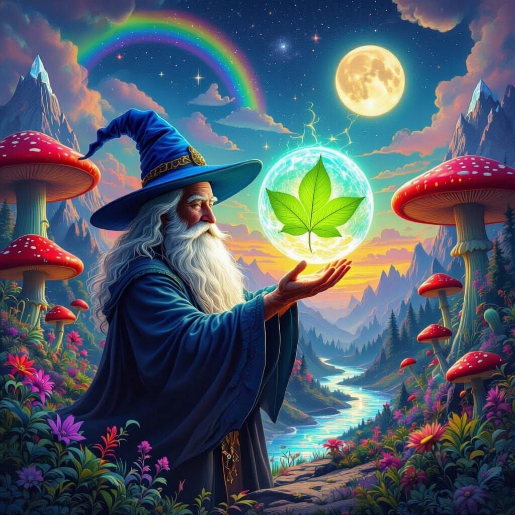 Wizard Conjures Cosmic Orb in Surreal Psychedelic Forest