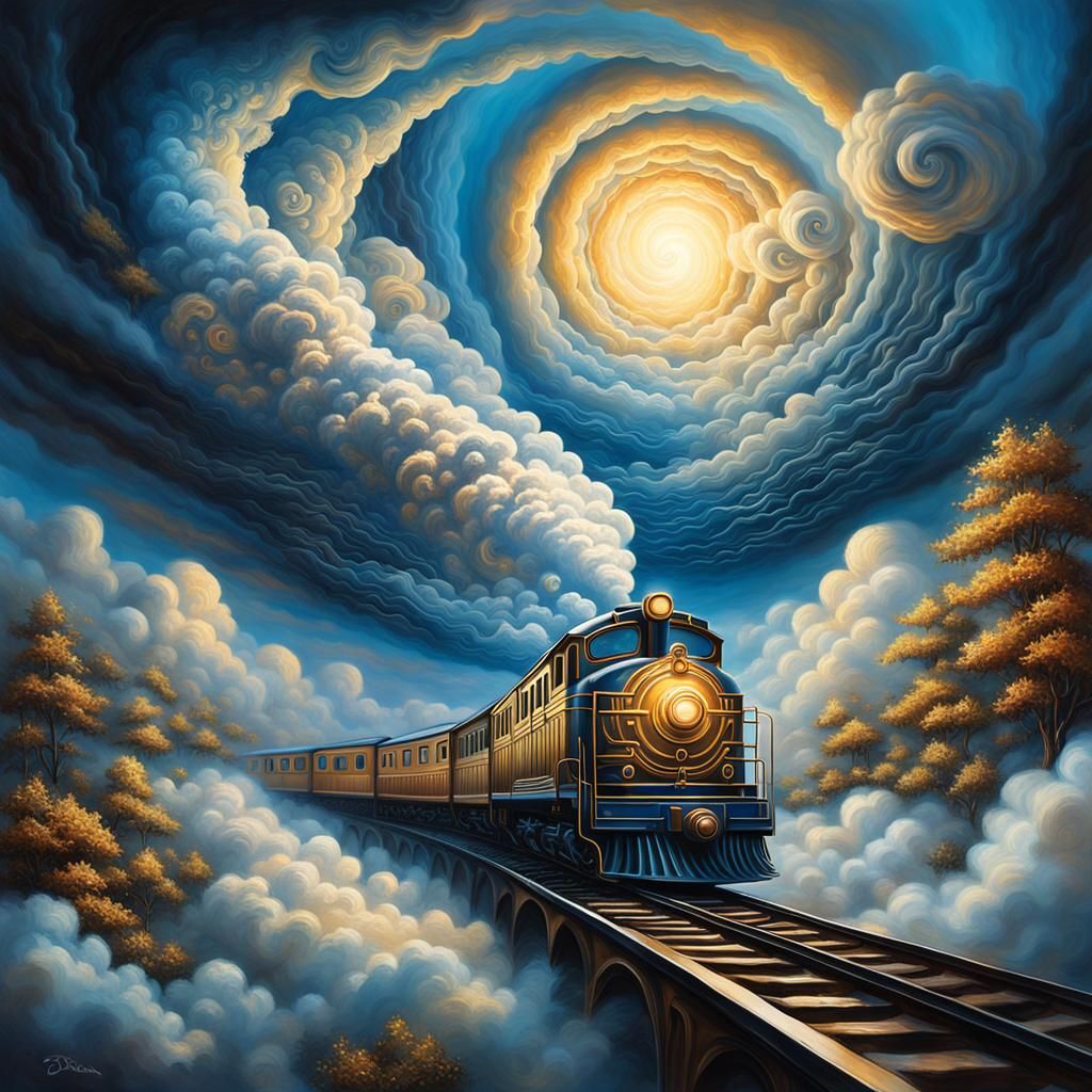 Train Amid Swirling Clouds in Biomechanical Surrealism
