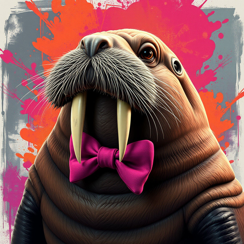 Walrus in Pink Bow Tie, Hyperrealistic Splash Art