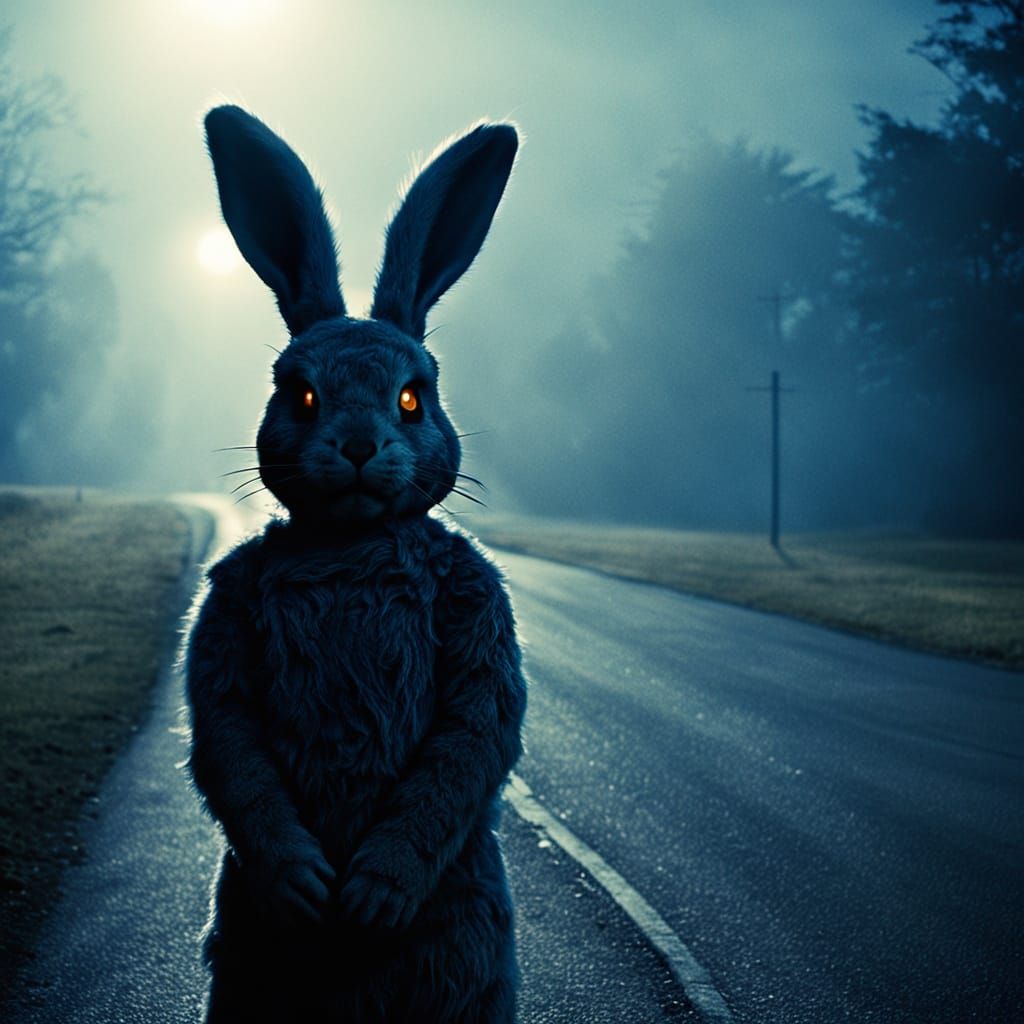Donnie Darko Bunny on Lonely Road in Film Noir Style