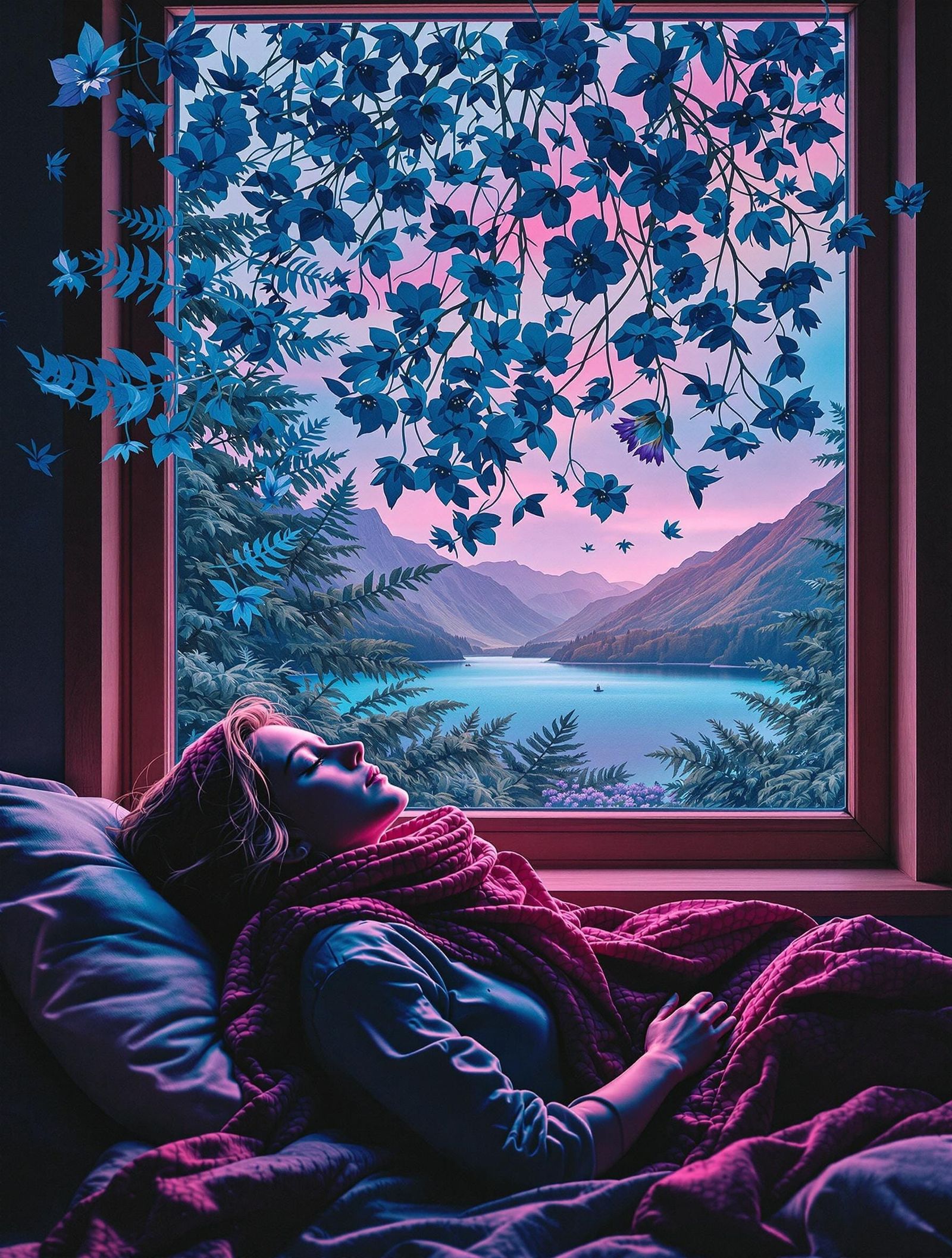 Scandinavian Woman in Whimsical, Dreamlike Luminous Landscap...