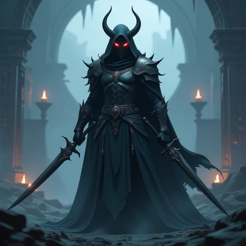 Ominous Demon Wielding Dark Daggers in Biomechanical Style