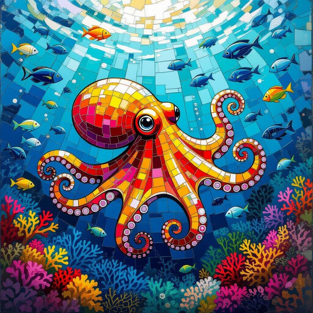 Glass Octopus in Ocean Depths: Mosaic Painting