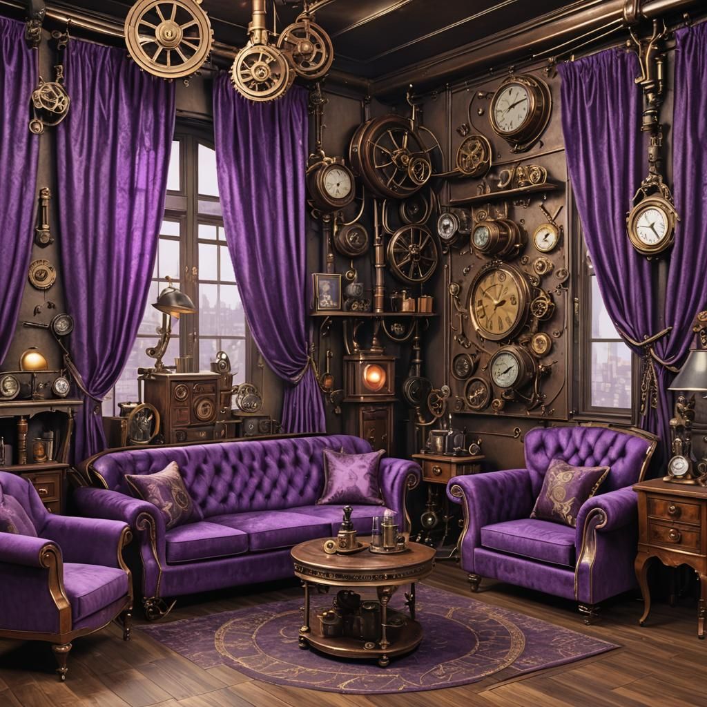Steampunk Living Room with Purple Curtains