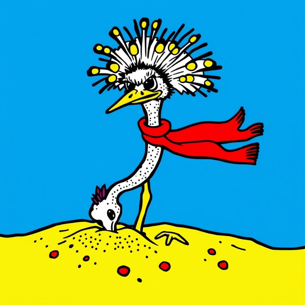 Oversized Ostrich in Colorful Dots and Bold Lines