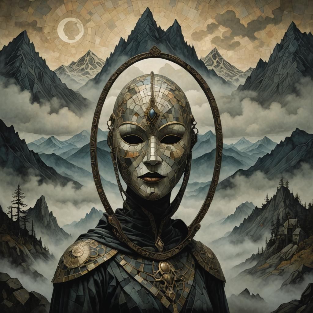 Mystical Mountains Reflected in Mosaic Mirror