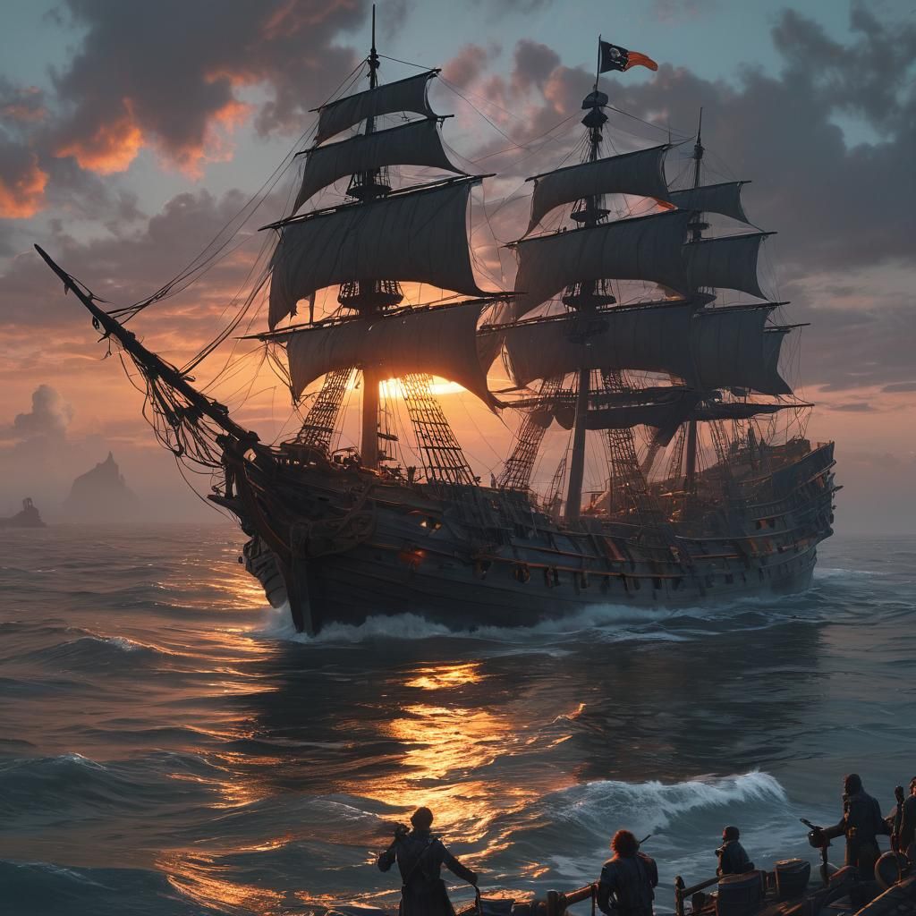 Pirate Ship Battle at Sunset: Fantasy Art