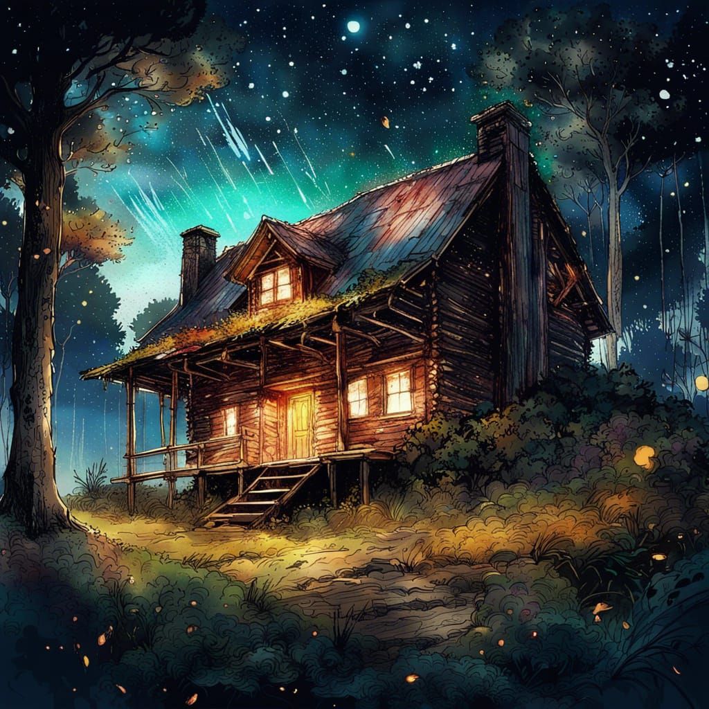 Cabin in the Woods Under a Starry Night