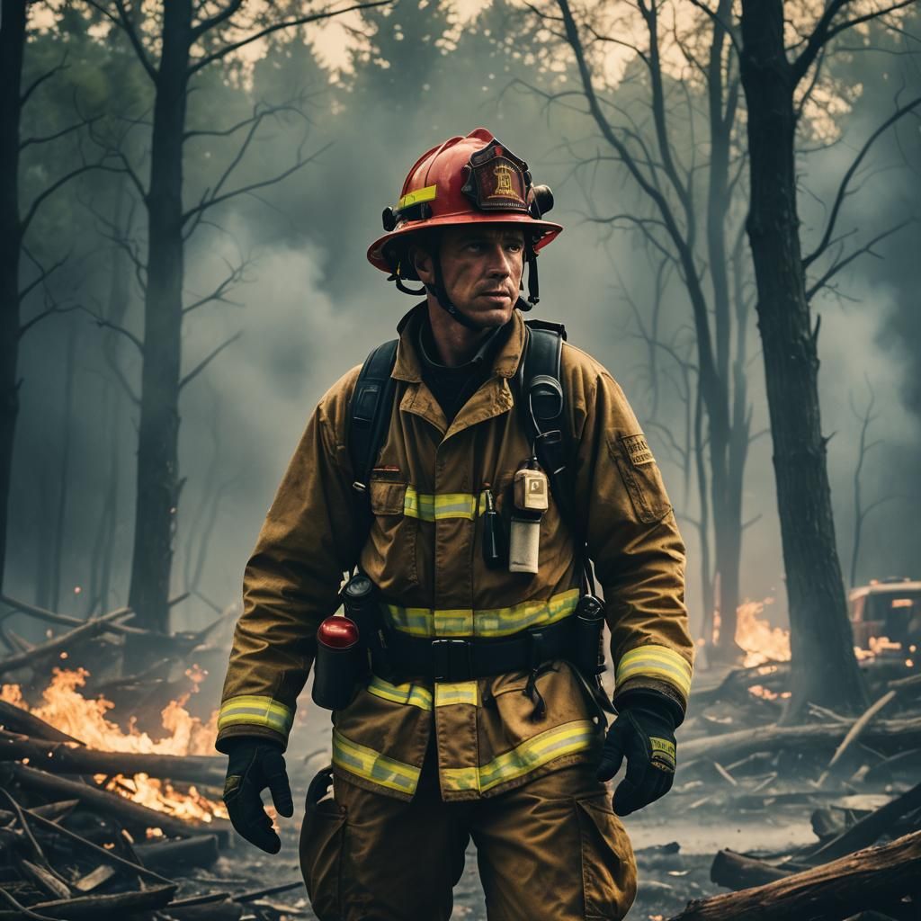 A Defeated Firefighter in Cinematic Style