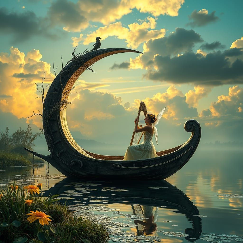 Fairy in Moon Boat Plays Harp on Lake