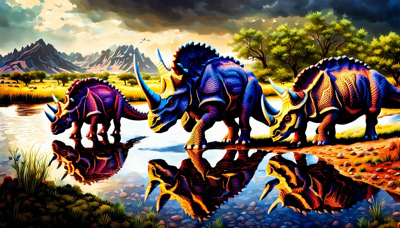 Triceratops Herd by River: Hyperrealistic 64MP Image