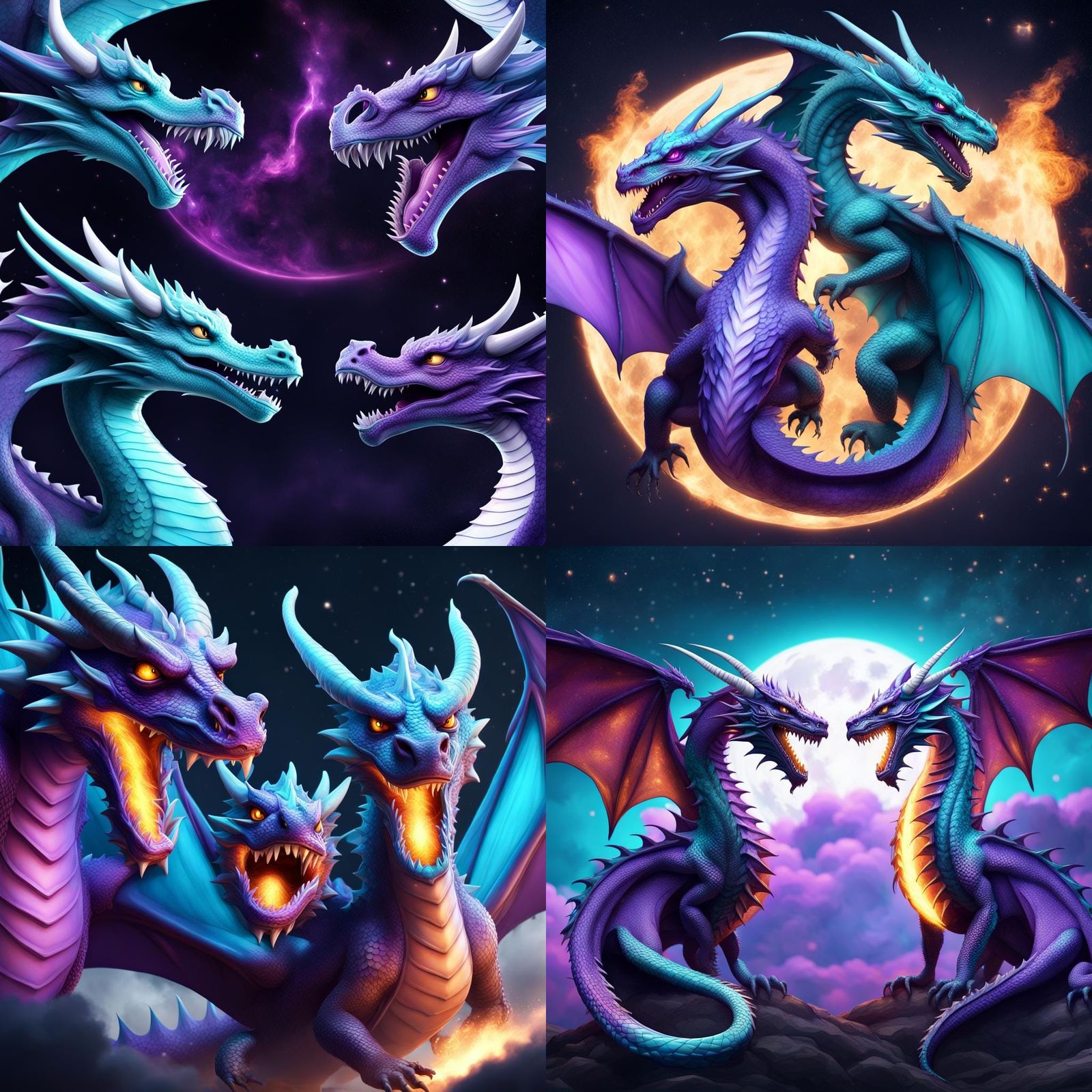 Dragons Breathing Fire in Starry Sky, 3D Render