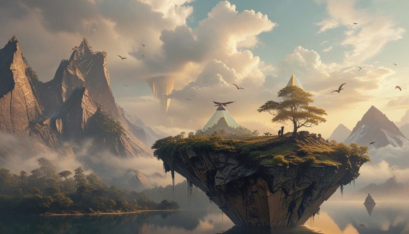 Dreamlike Lake with Floating Pyramid and Majestic Mountains