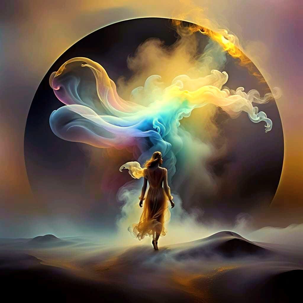 Mysterious Figure in a Dreamlike Surrealist Landscape