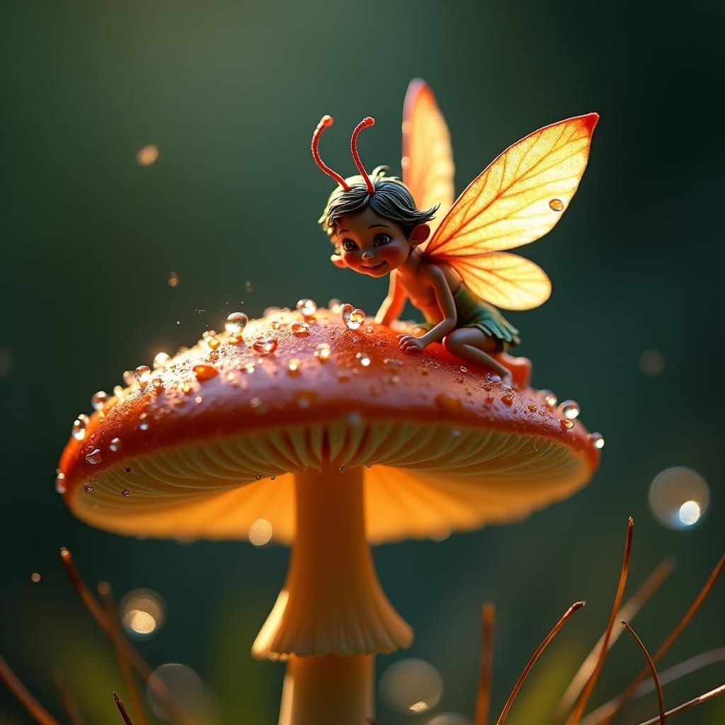 Fairy on Mushroom Cap in Art Nouveau Style