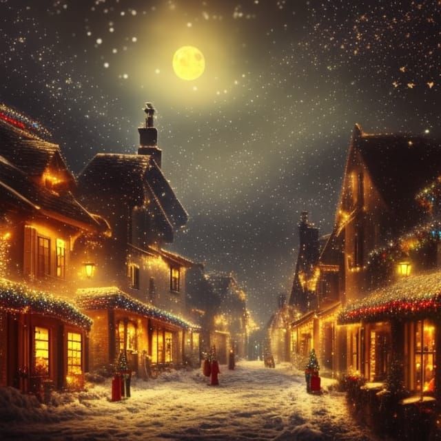 Festive Village Aglow with Christmas Lights