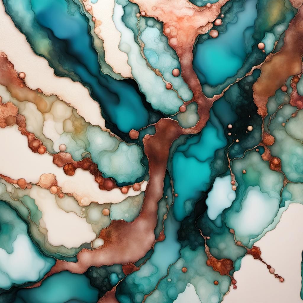 Abstract Alcohol Ink Art in Teal, Copper, and Cream