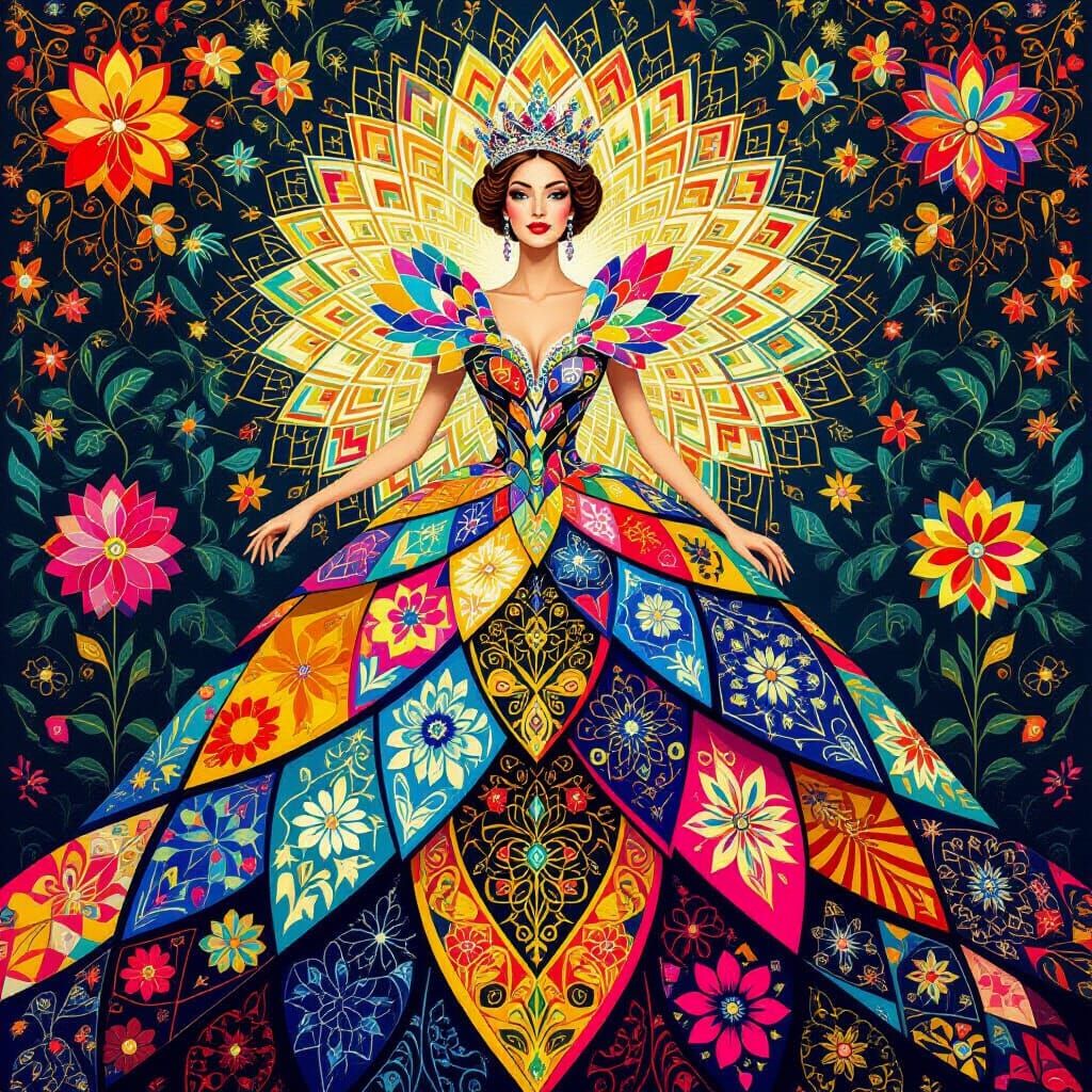 Regal Queen in Fractal Feather Dress: Digital Art