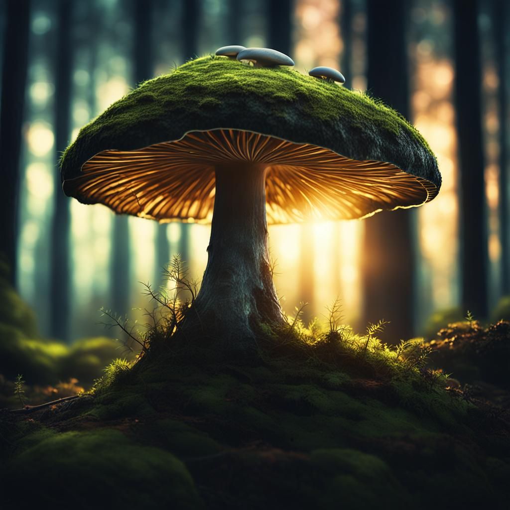 Luminous Mushroom in Dark Forest: Fantasy Illustration