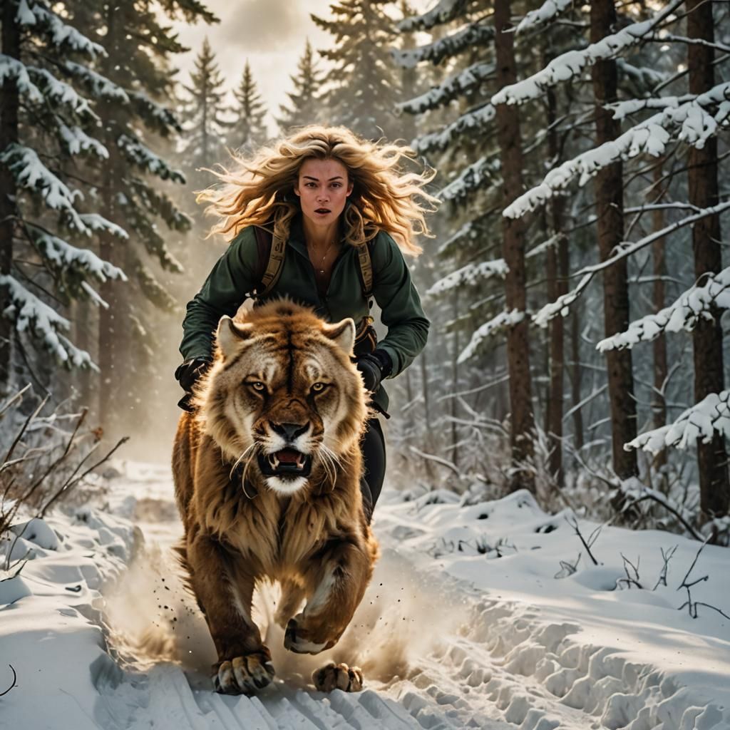 Woman and Sabretooth Cat in Snowy Wilderness