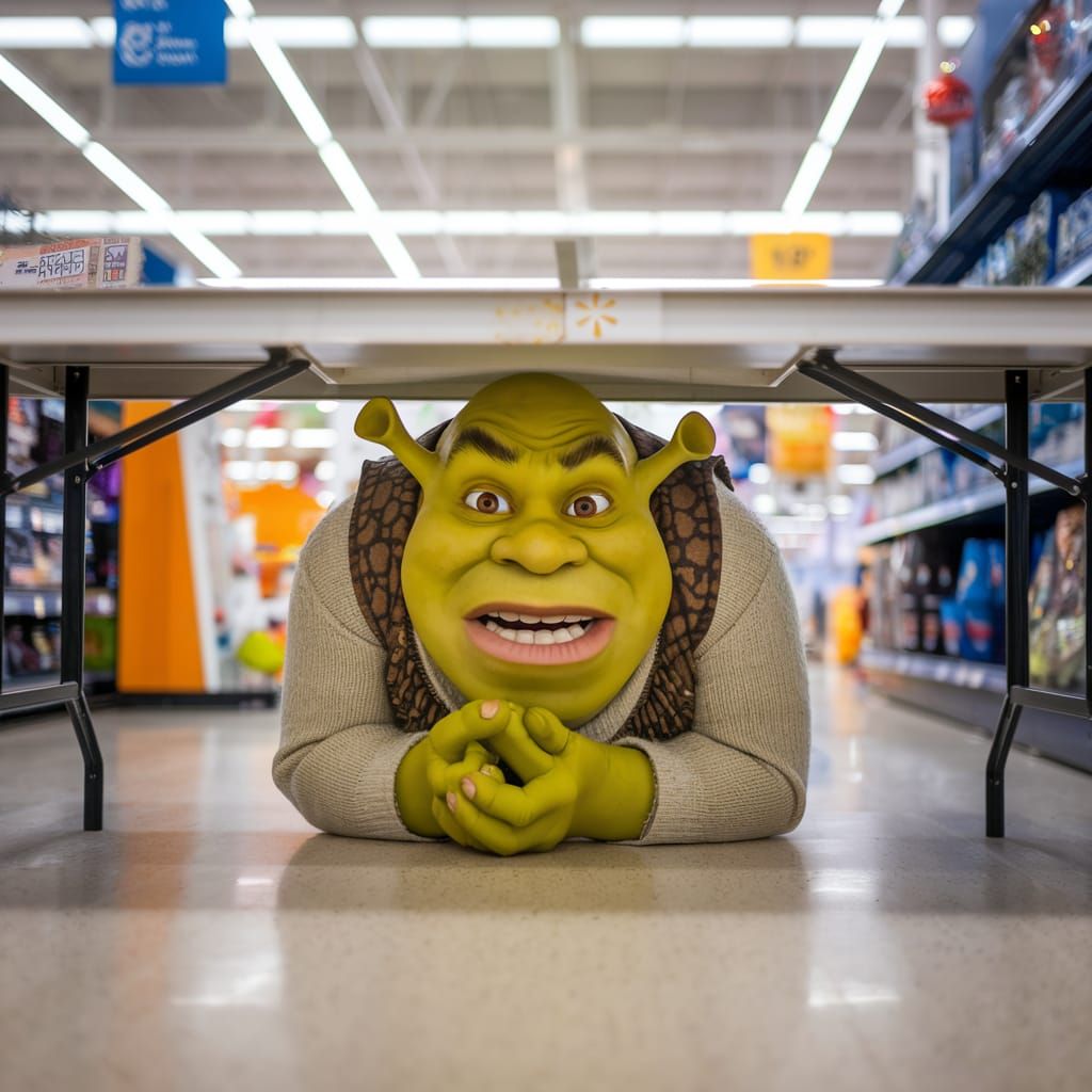 Shrek Hiding in Walmart: Professional 64MP Photograph