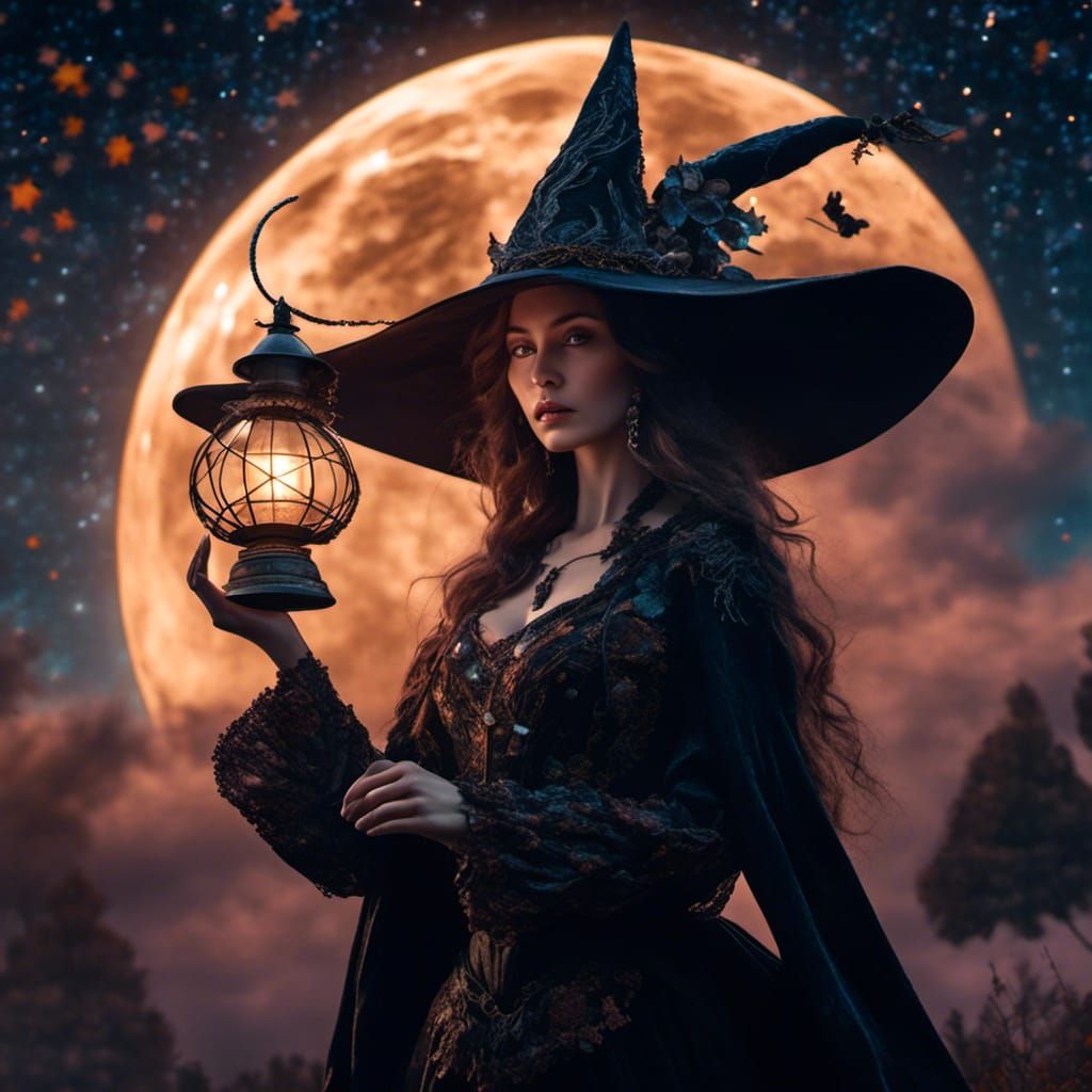 Crescent Moon Witch with Lantern, Fantasy Art