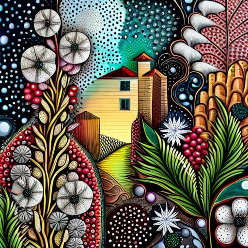 Fantasy Garden Collage in Mixed Media Style