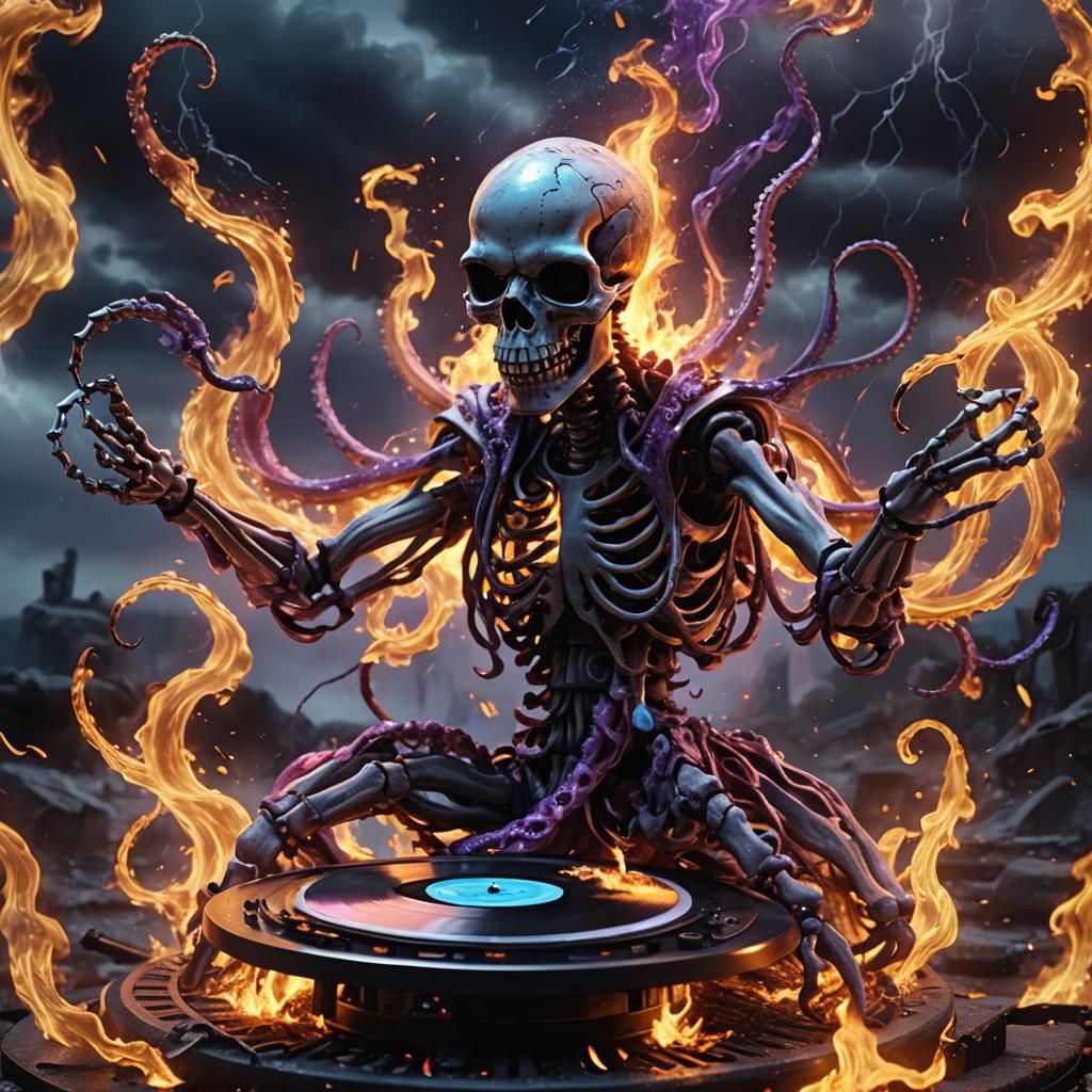 Skeleton Octopus DJ in Fiery Storm, 3D Render
