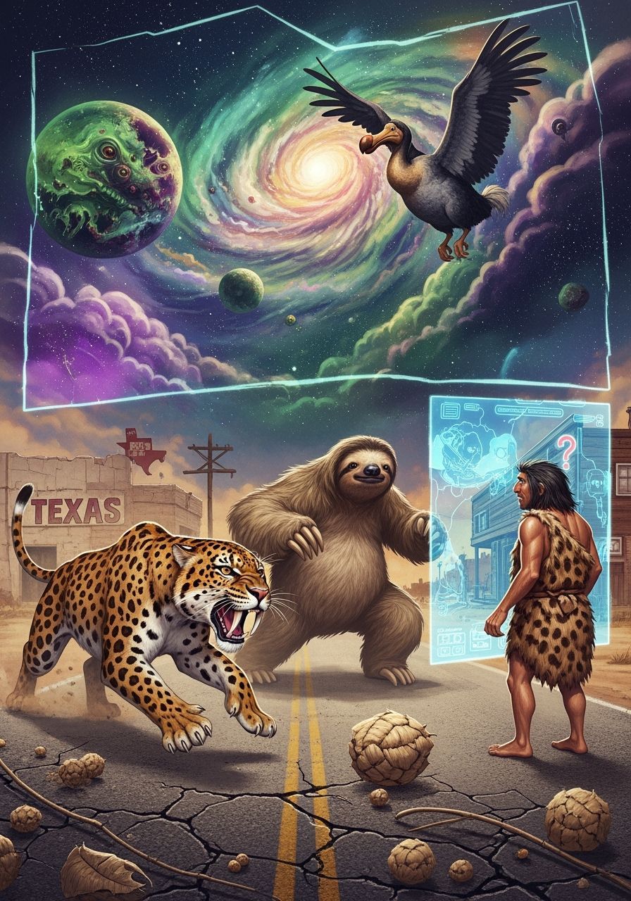 Surreal Texas Scene: Leopard, Sloth, and Confused Caveman