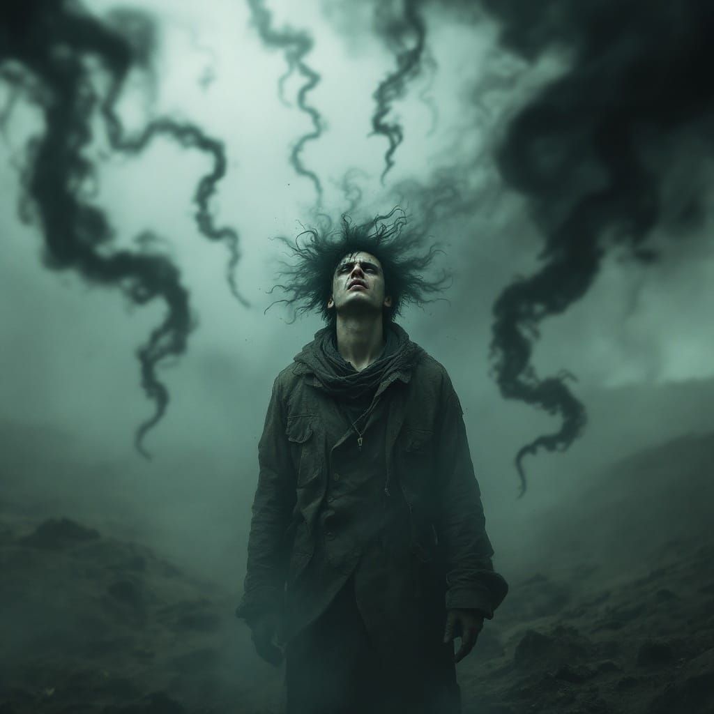 Young Man Overwhelmed by Dark Thoughts in Desolate Landscape