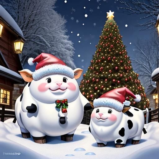 Christmas Fantasy with Cheerful Cows in Winter Wonderland