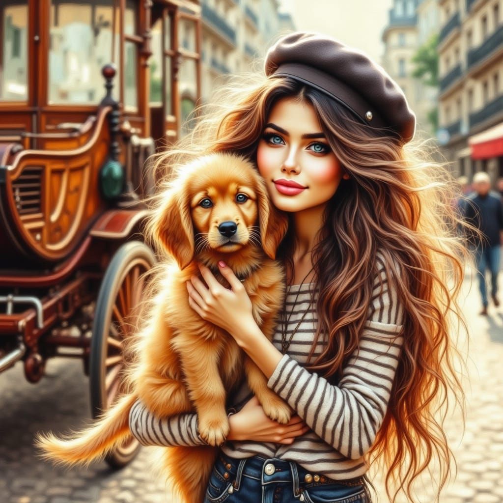 Parisian Woman and Puppy in Storybook Style
